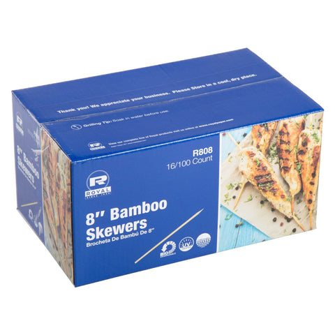 Royal 8 inch Bamboo Skewer, 100 count per pack -- 192 per case.
