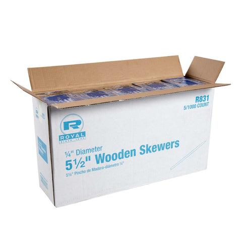 Royal 5 1/2 x 1/4 inch Wood Skewer, 1000 count per pack -- 5 per case.
