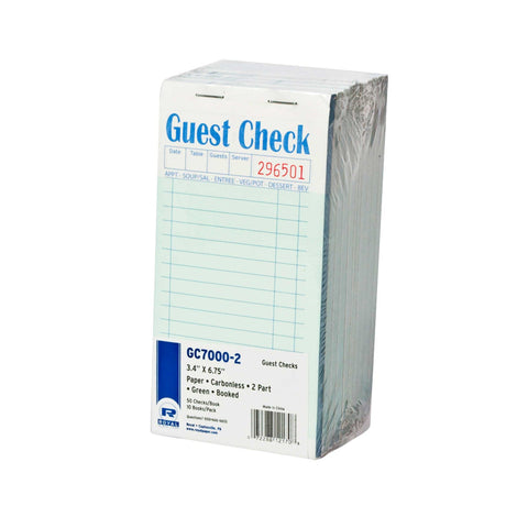 Royal Green Booked 2 Part 17 Lines Cabonless Guest Check Board -- 50 per case.