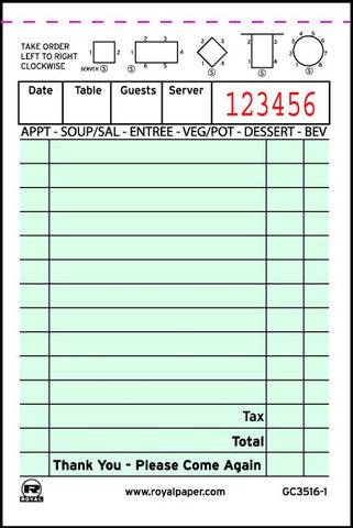 Royal Green Booked 1 Part 14 Lines Guest Check Paper -- 100 per case.
