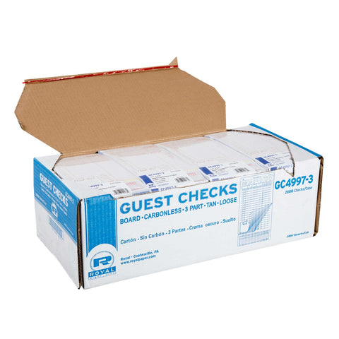 Royal Tan Loose 3 Part 15 Lines Cabonless Guest Check Board -- 2000 per case.