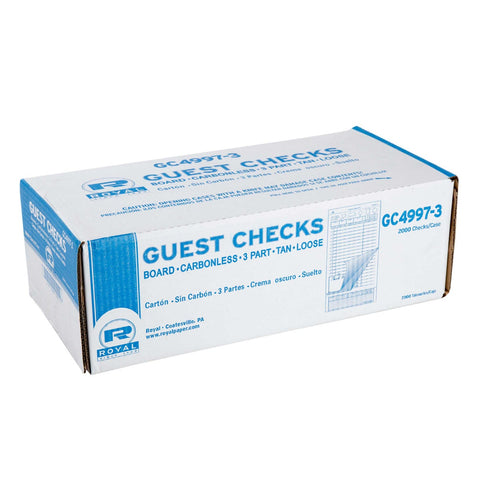 Royal Tan Loose 3 Part 15 Lines Cabonless Guest Check Board -- 2000 per case.