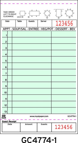 Royal Green Booked 1 Part 13 Lines Guest Check Board -- 50 per case.