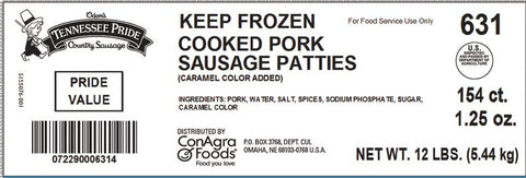 Odoms Tennessee Pride Fully Cooked Trimmed No Msg Formed Sausage Patty, 12 Pound.