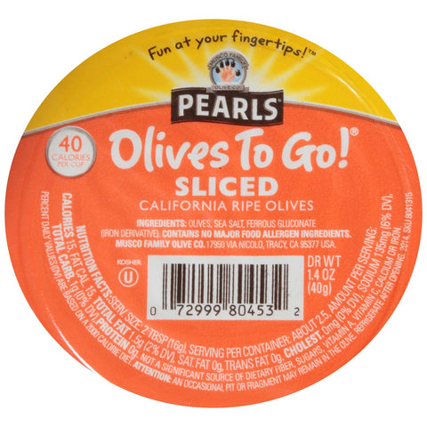 Pearls Black Sliced Ripe Olives, 1.4 Ounce Cup -- 12 per case.