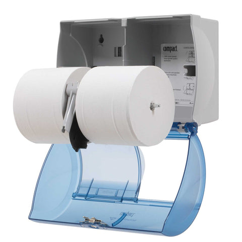 Compact Side By Side Double Roll Bathroom Tissue Dispenser.