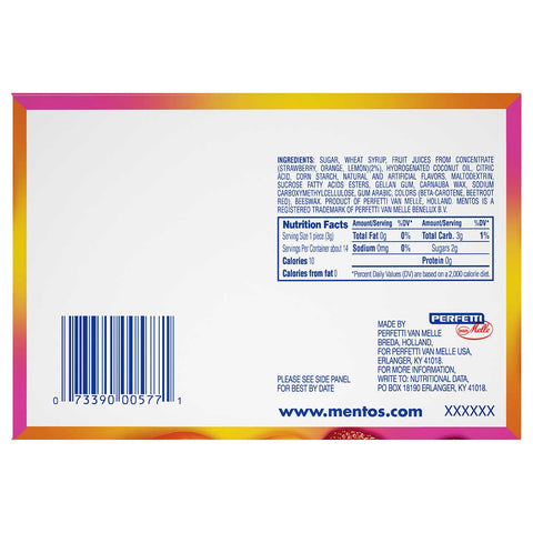 Mento Chewy Mints Fruit - box of 15 rolls, 24 boxes per case