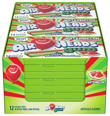 Airheads Watermelon Sugar Free Gum Sticks, 14 pieces per pack -- 144 per case.