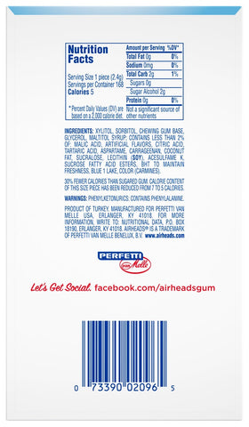Airheads Blue Raspberry Sugar Free Gum Sticks, 14 pieces per pack -- 144 per case.