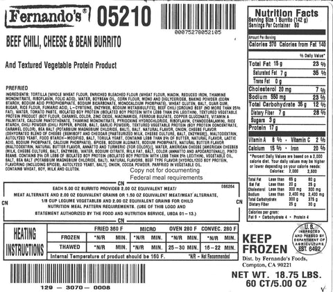 Fernandos Whole Grain Prefried Beef Chili Cheese and Bean Burrito, 5 Ounce -- 60 per case.