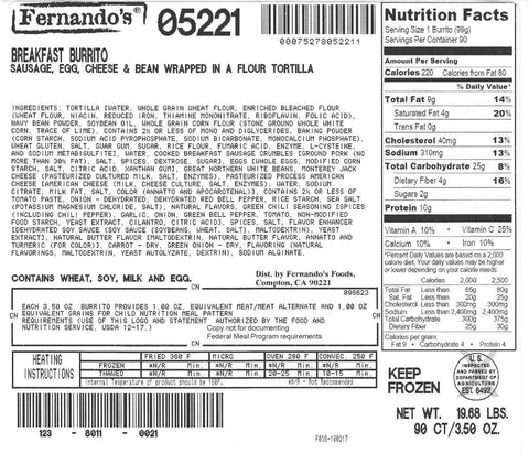 Fernandos Whole Grain Rich Egg Pork Sausage Bean and Cheese Breakfast Burrito, 3.5 Ounce -- 90 per case.