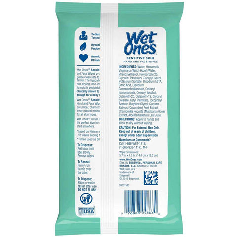 Wet Ones Sensitive Skin Hand and Face Wipes - 20 count per pack -- 10 packs per case.