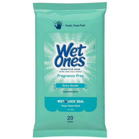 Wet Ones Sensitive Skin Hand and Face Wipes - 20 count per pack -- 10 packs per case.