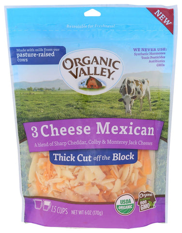 Organic Valley Thick Cut Shredded Three Cheese Mexican Blend, 6 Ounce -- 12 per case
