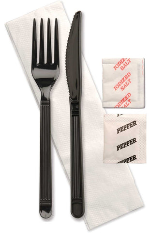 Forum Black Polypropylene Heavyweight Knife Fork Salt and Pepper Napkin Cutlery Kit -- 250 per case.