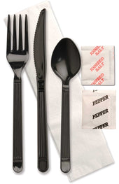 D and W Fine Pack Forum Ebony Fork Knife Teaspoon Salt and Pepper Napkin Meal Kit -- 250 per case.