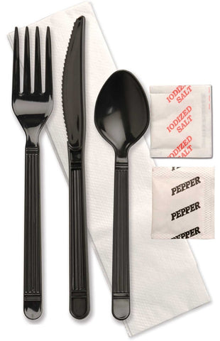 D and W Fine Pack Forum Ebony Fork Knife Teaspoon Salt and Pepper Napkin Meal Kit -- 250 per case.