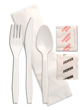 Senate Medium Weight White Polypropylene Knife Fork Spoon Napkin Salt and Pepper Kit -- 250 per case.
