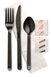 D and W Fine Pack Forum Ebony Fork Knife Teaspoon Salt and Pepper Napkin Kit -- 250 per case.