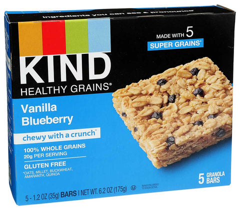 Kind Healthy Grains Vanilla Blueberry Granola Bar, 1.2 Ounce - 5 per pack -- 8 packs per case.
