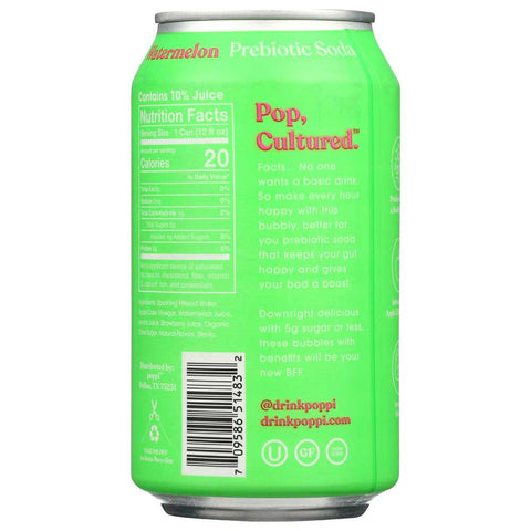 Poppi Watermelon Prebiotic Soda, 12 Fluid Ounce -- 12 per case