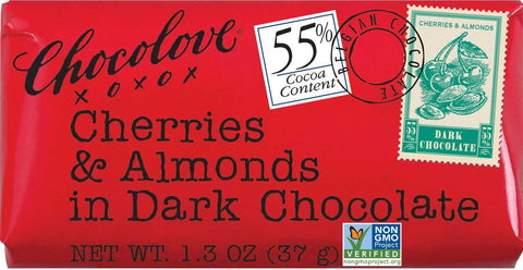 Chocolove Xoxox Cherries and Almonds in Dark Chocolate Mini Bar, 1.3 Ounce -- 144 per case