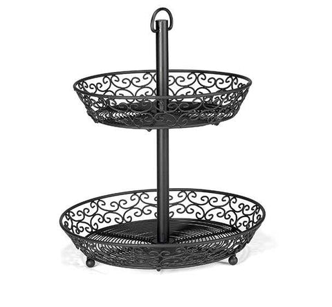 Tablecraft Mediterranean Collection Black Powder Coated Metal Two-Tiered Basket, 12 inch Height.