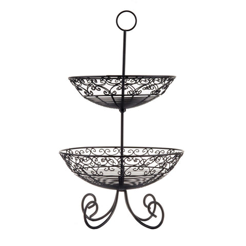 Tablecraft Mediterranean Collection Black Powder Coated Metal Two Tier Basket, 25 inch.