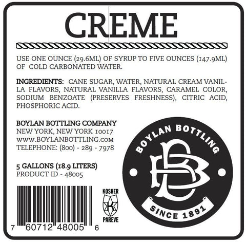 Boylan Bottling Creme Vanilla Soda, 5 Gallon.