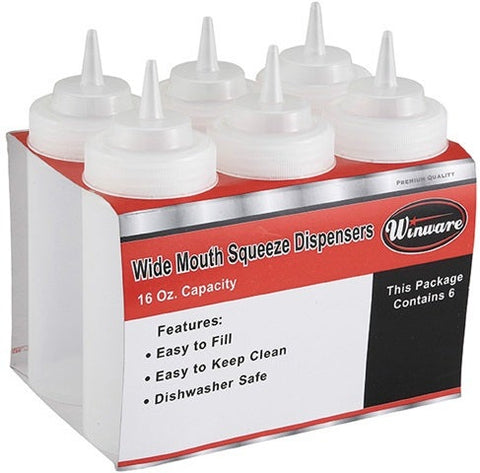 Winco Clear Wide Mouth 16 Ounce Squeeze Bottle, 6 count per pack