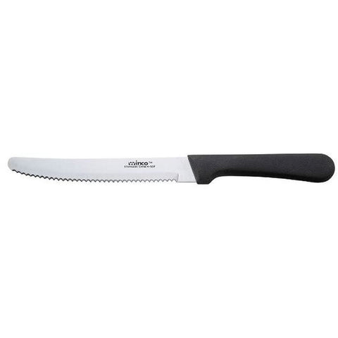 Winco 5 inch Blade Round Tip Steak Knife with Black Handle -- 12 per case