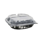Inno Pak 9 inch Rigid 3 Cell Clear Polypropylene Top Black Bottom Carry Out Microwave Hinged Container, 22/9/9 Fluid Ounce -- 112 per case