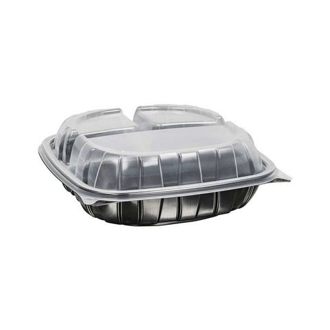 Inno Pak 9 inch Rigid 3 Cell Clear Polypropylene Top Black Bottom Carry Out Microwave Hinged Container, 22/9/9 Fluid Ounce -- 112 per case