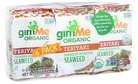 Gimme Organic Teriyaki Roasted Seaweed Snack, 6 count per pack -- 8 per case.
