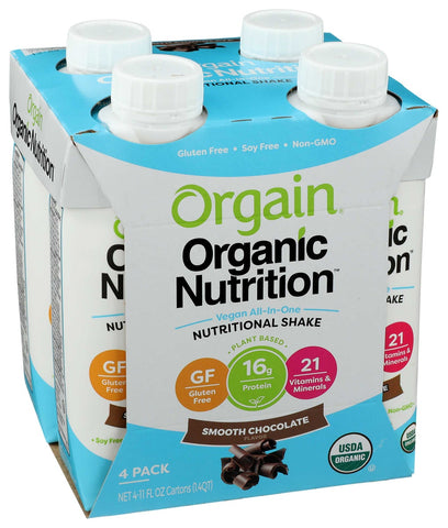 Orgain Organic Nutrition Smooth Chocolate Nutritional Shake, 11 Fluid Ounce - 4 count per pack -- 3 packs per case