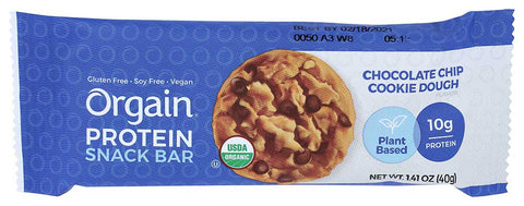 Orgain Organic Chocolate Chip Cookie Dough Protein Bar, 1.41 Ounce -- 12 per case.