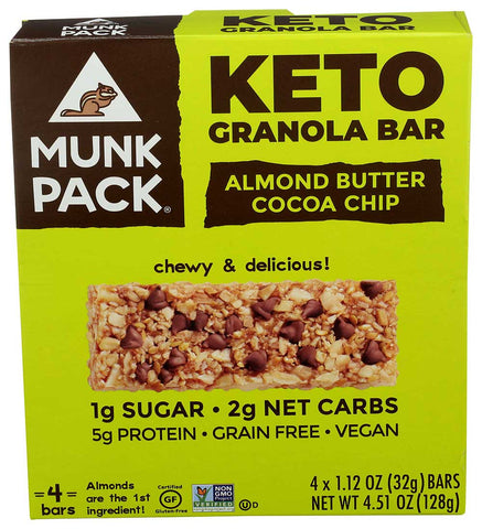 Munk Pack Almond Butter Cocoa Chip Keto Granola Bar, 1.12 Ounce - 4 count per pack -- 6 packs per case