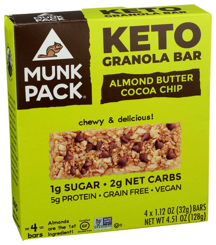 Munk Pack Almond Butter Cocoa Chip Keto Granola Bar, 1.12 Ounce - 4 count per pack -- 6 packs per case
