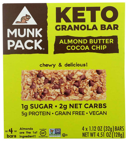Munk Pack Almond Butter Cocoa Chip Keto Granola Bar, 1.12 Ounce - 4 count per pack -- 6 packs per case