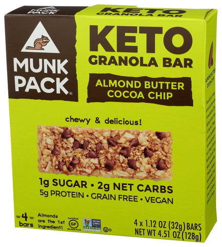Munk Pack Almond Butter Cocoa Chip Keto Granola Bar, 1.12 Ounce - 4 count per pack -- 6 packs per case