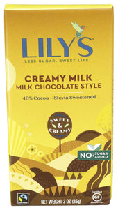 Lilys Sweets Creamy Milk Chocolate Bar with Stevia, 3 Ounce -- 12 per case.
