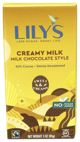 Lilys Sweets Creamy Milk Chocolate Bar with Stevia, 3 Ounce -- 12 per case.