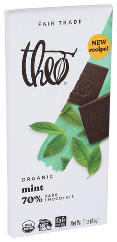 Theo Organic Classic Combination Dark Chocolate Bar with Mint, 3 Ounce -- 12 per case