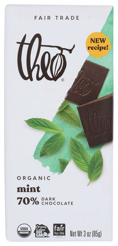 Theo Organic Classic Combination Dark Chocolate Bar with Mint, 3 Ounce -- 12 per case