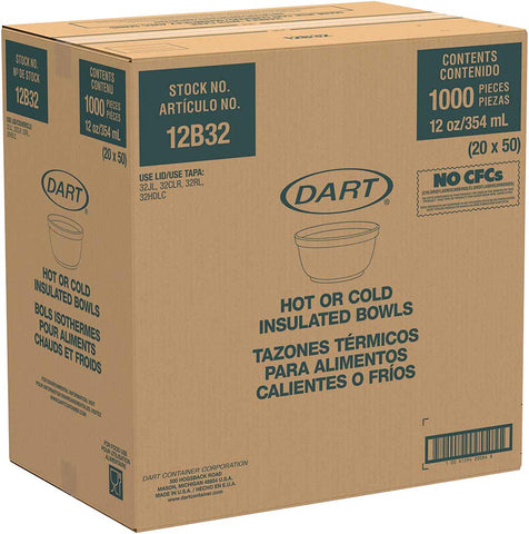 Dart Insulated Foam Bowls, 12oz, White, 50/Pack, 20 Packs/Carton