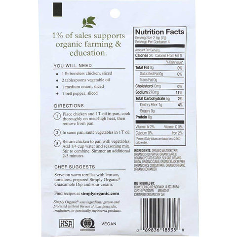 Simply Organic Southwest Fajita Seasoning, 1 Ounce -- 12 per case.