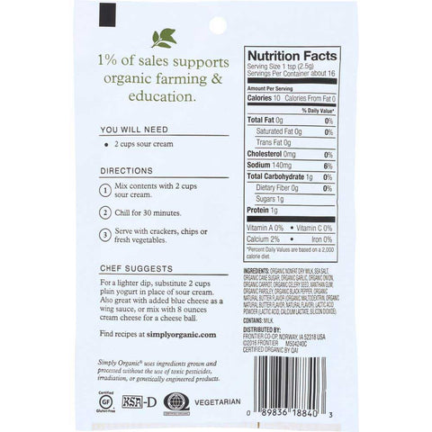 Simply Organic Ranch Dip Mix, 1.5 Ounce -- 12 per case.