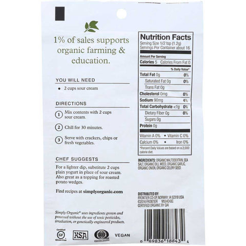 Simply Organic Creamy Dill Dip Mix, 0.7 Ounce -- 12 per case.