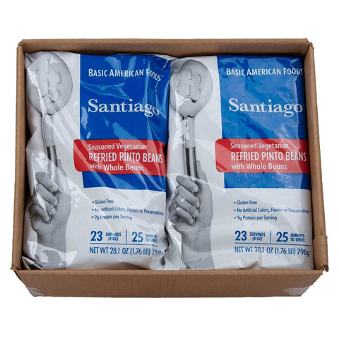 Santiago Vegetarian Refried Beans with Whole Bean - 28.1 oz. pouch, 6 pouches per case