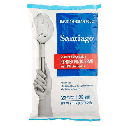 Santiago Vegetarian Refried Beans with Whole Bean - 28.1 oz. pouch, 6 pouches per case